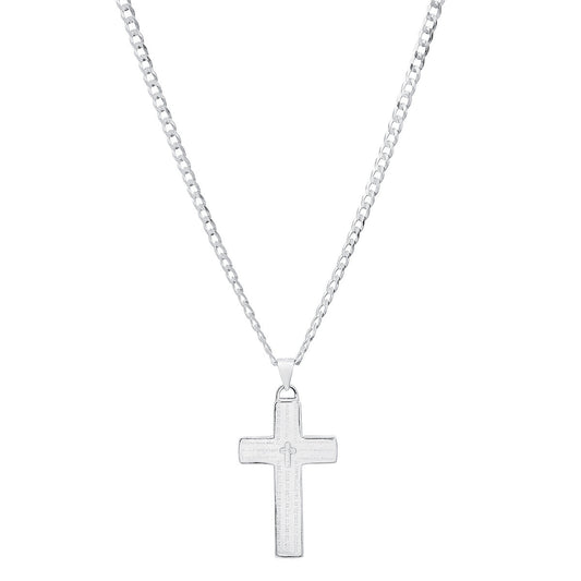 Unisex Sterling Silver Cuban Super Flat Chain And Lord'S Prayer Cross Pendant