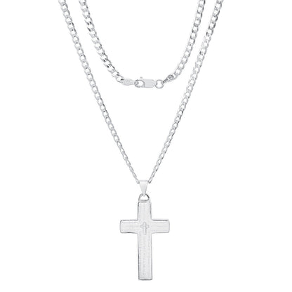 Unisex Sterling Silver Cuban Super Flat Chain And Lord'S Prayer Cross Pendant