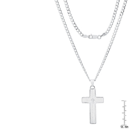 Unisex Sterling Silver Cuban Super Flat Chain And Lord'S Prayer Cross Pendant