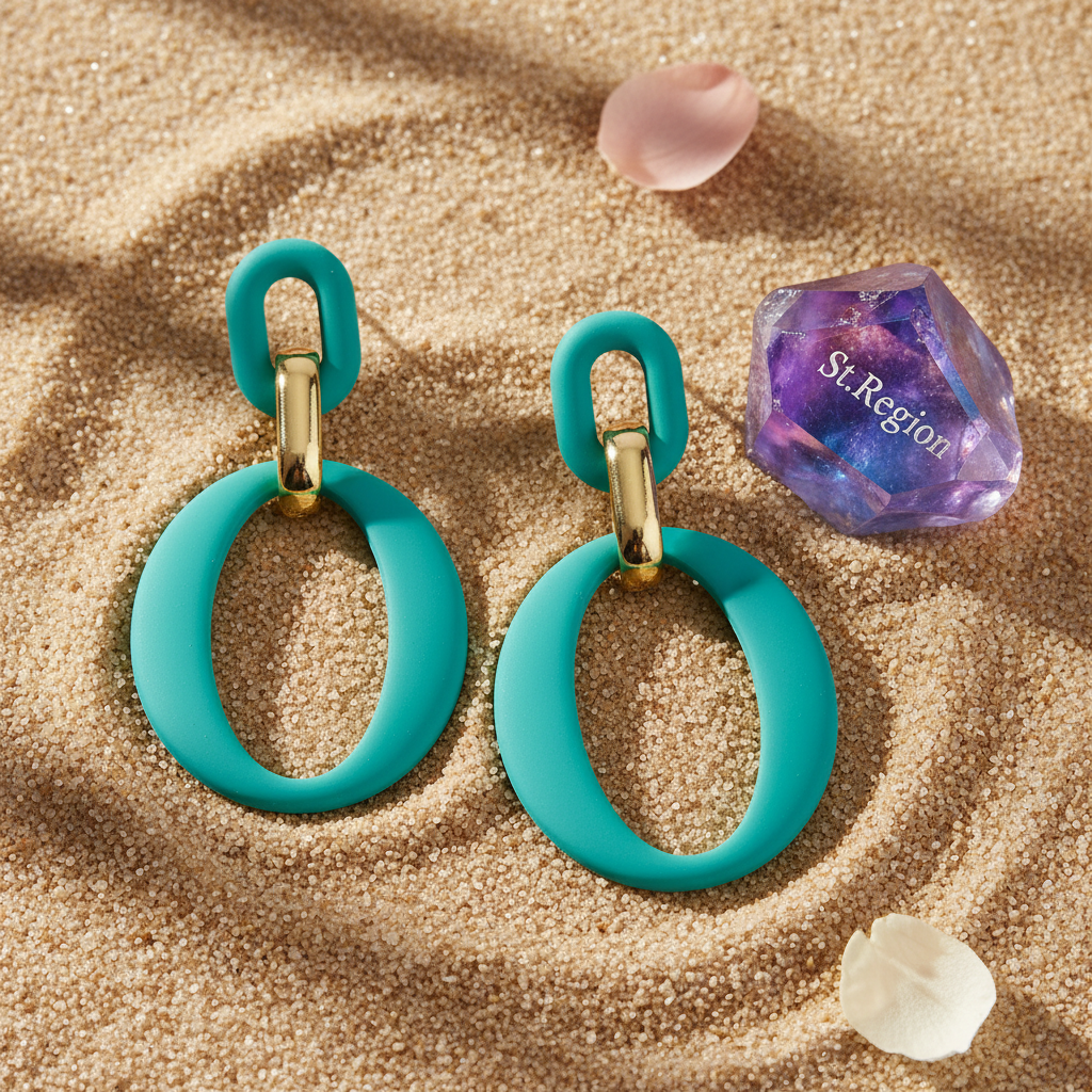 Cyan Enamel & Goldtone Openwork Oval Drop Earrings