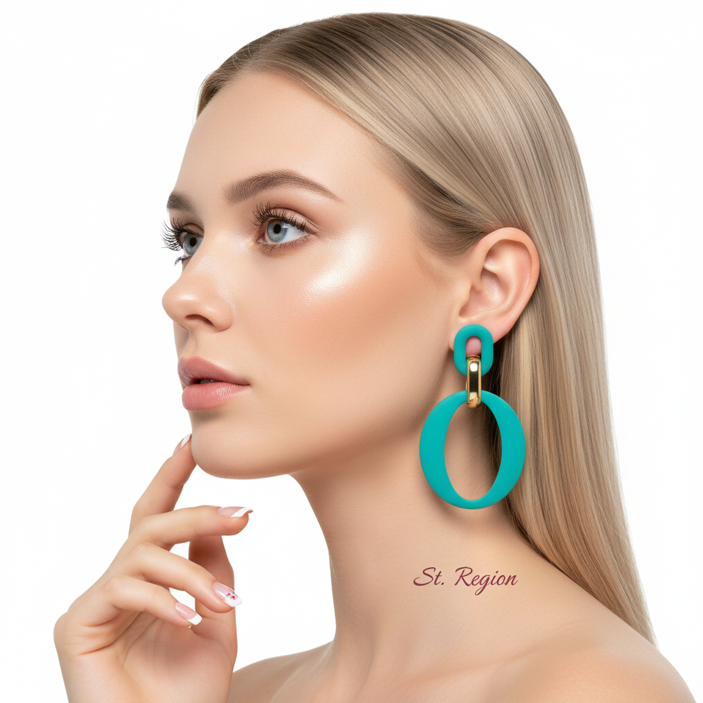 Cyan Enamel & Goldtone Openwork Oval Drop Earrings