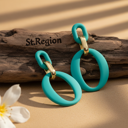 Cyan Enamel & Goldtone Openwork Oval Drop Earrings