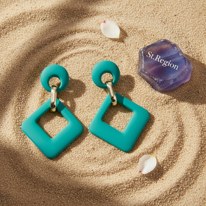 Cyan Enamel & Goldtone Open Rhombus Drop Earrings