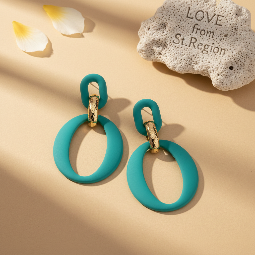 Cyan Enamel & Goldtone Openwork Oval Drop Earrings