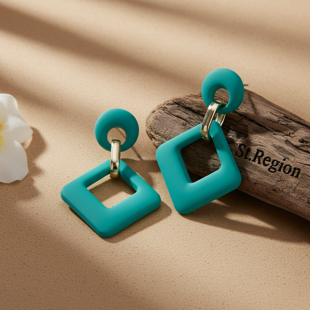 Cyan Enamel & Goldtone Open Rhombus Drop Earrings