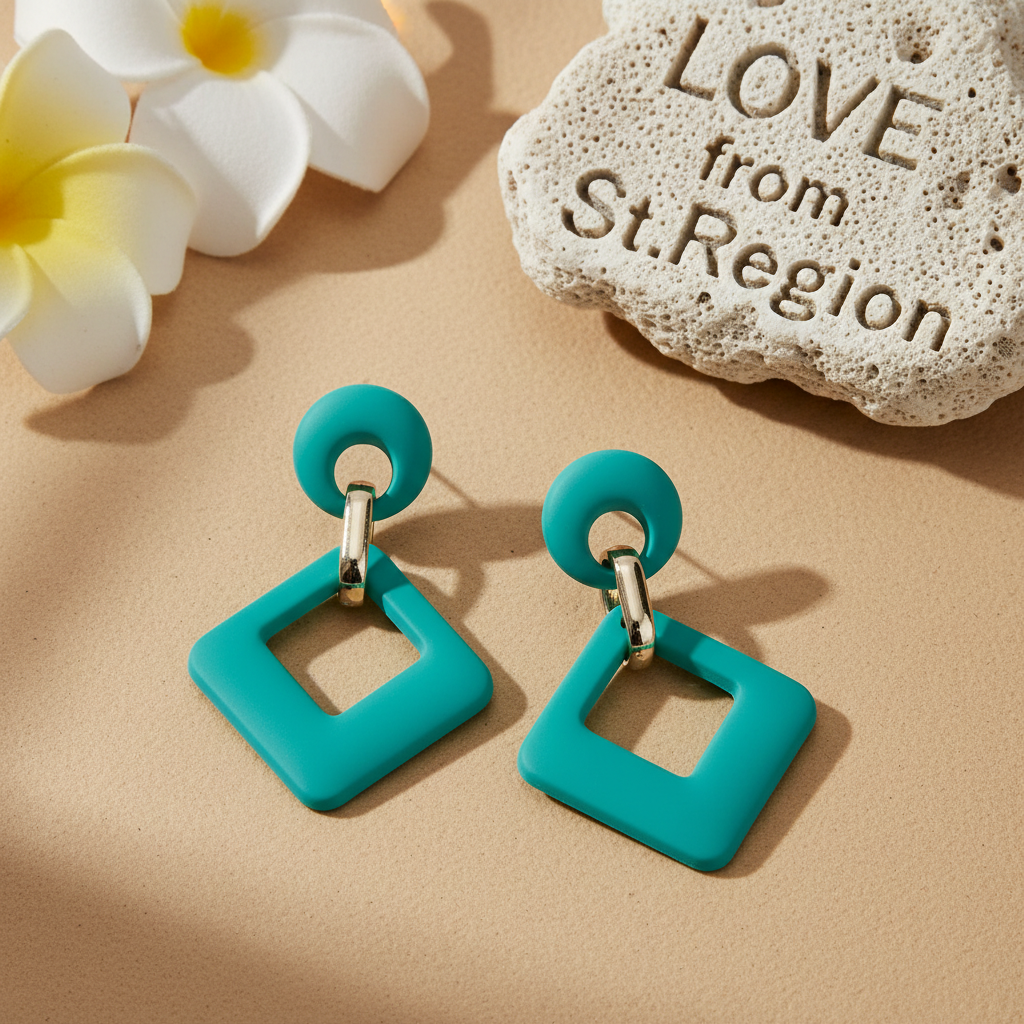 Cyan Enamel & Goldtone Open Rhombus Drop Earrings