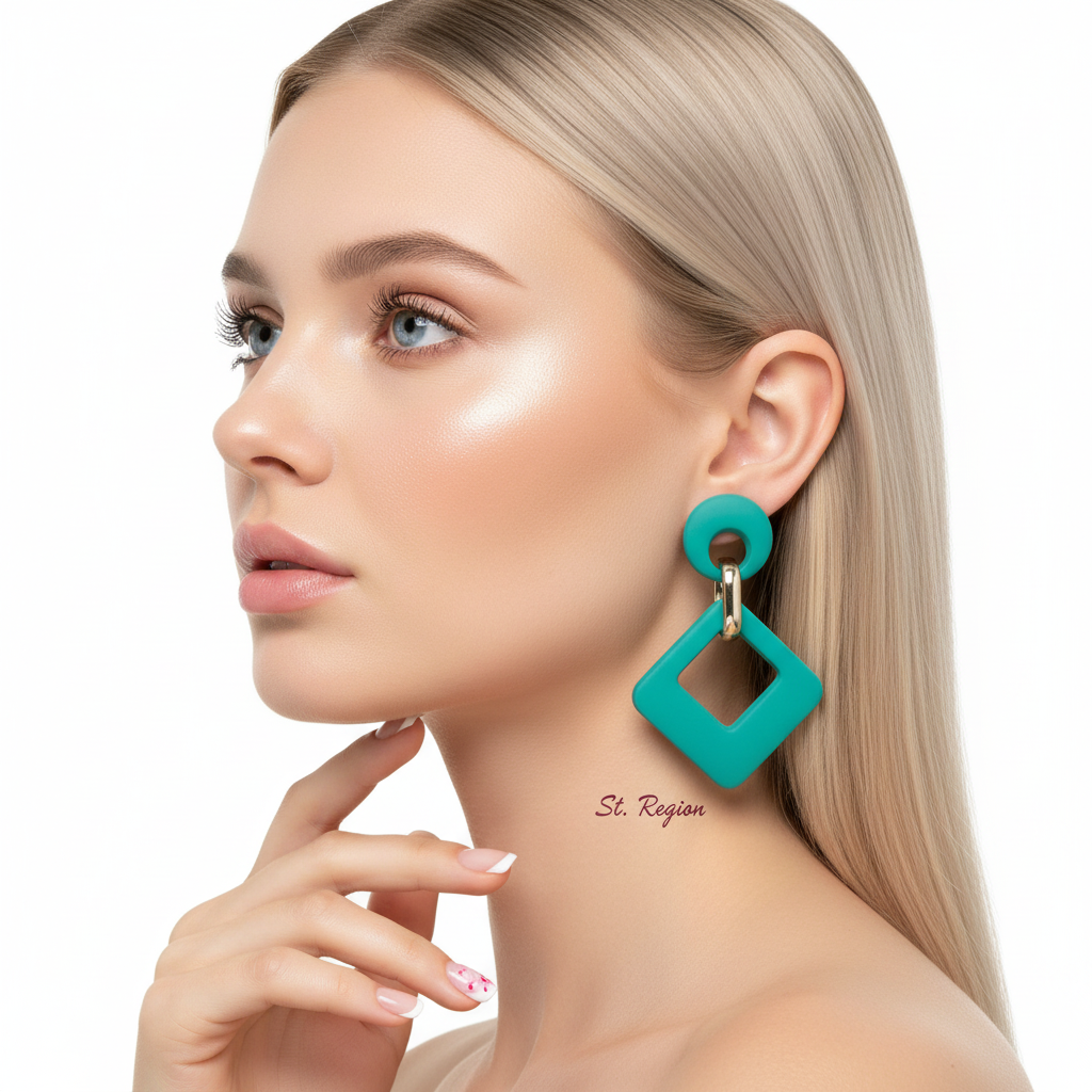 Cyan Enamel & Goldtone Open Rhombus Drop Earrings