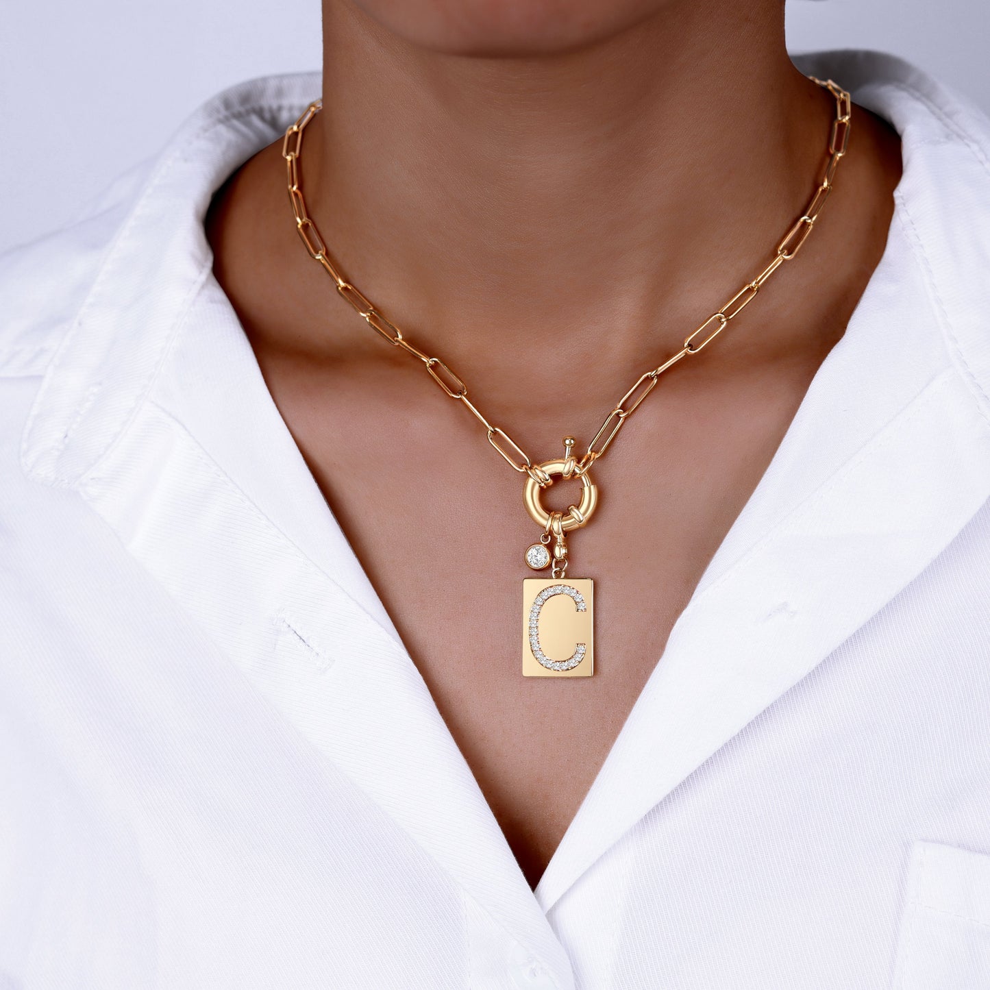 Mint & Lily Pave Initial Pendant Necklace with Paperclip Chain