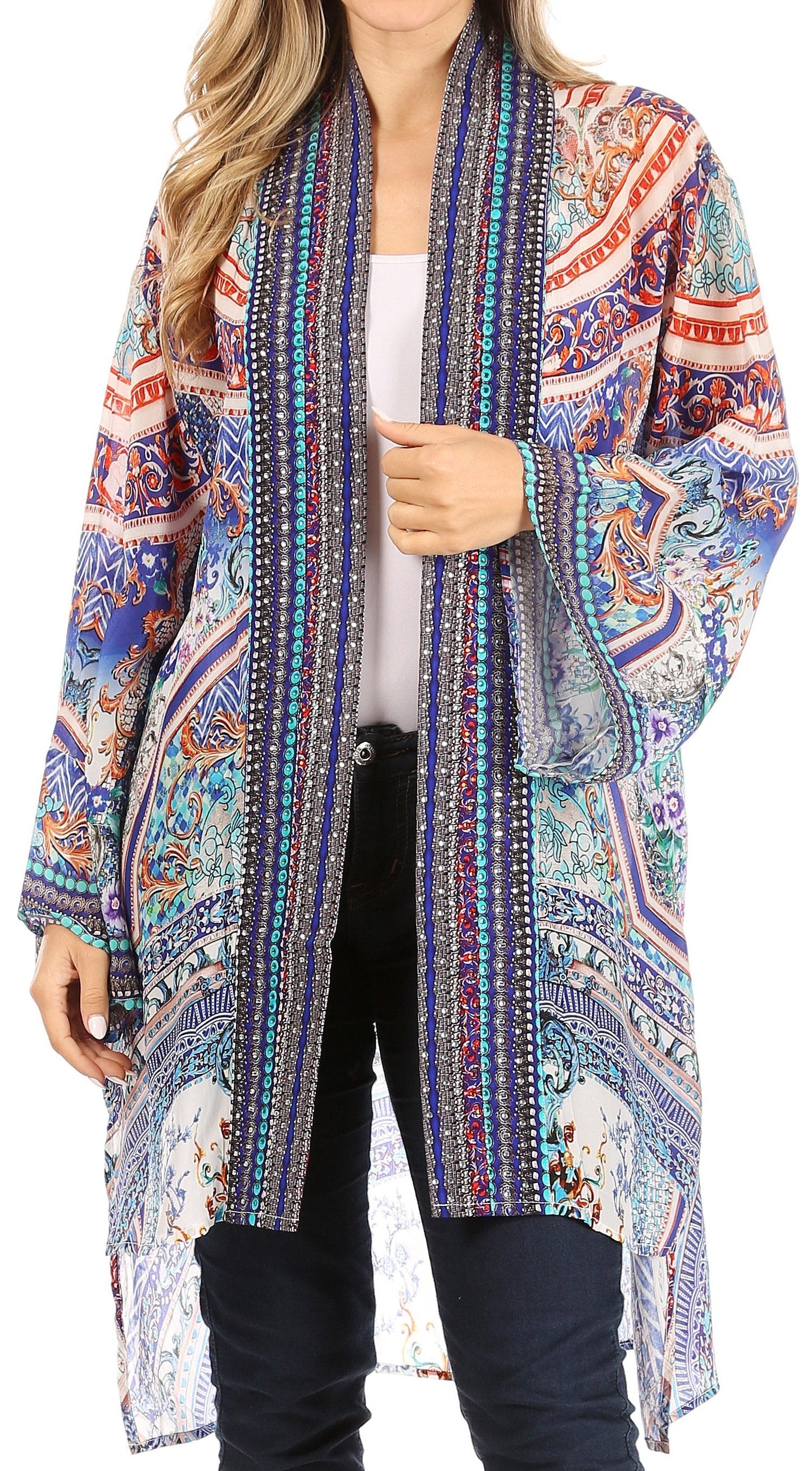 Sakkas Aremi Women Floral Printed Open Front Cardigan Top Boho Casual Short Sleeve