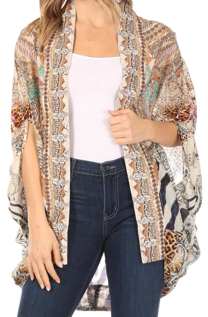 Sakkas Jenna Women's Casual Boho Sheer Kimono Loose Cardigan Cape Trendy Printed