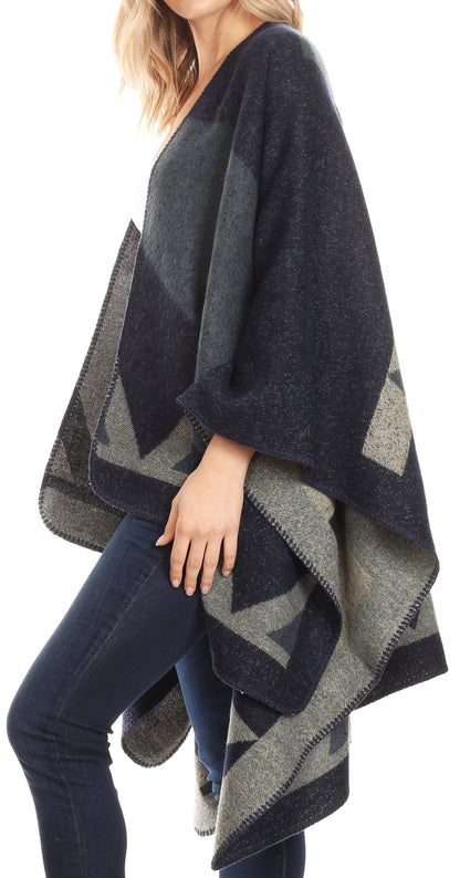 Sakkas Mari Women's Reversible Large Poncho Shawl Wrap Scarf Cape Ruana Blanket