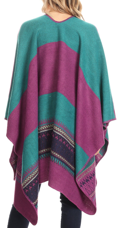 Sakkas Mari Women's Reversible Large Poncho Shawl Wrap Scarf Cape Ruana Blanket