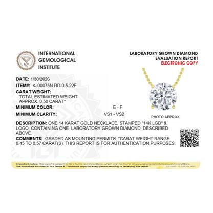 Round Lab Grown Diamond Prong 14k Yellow Gold Solitaire Pendant Necklace