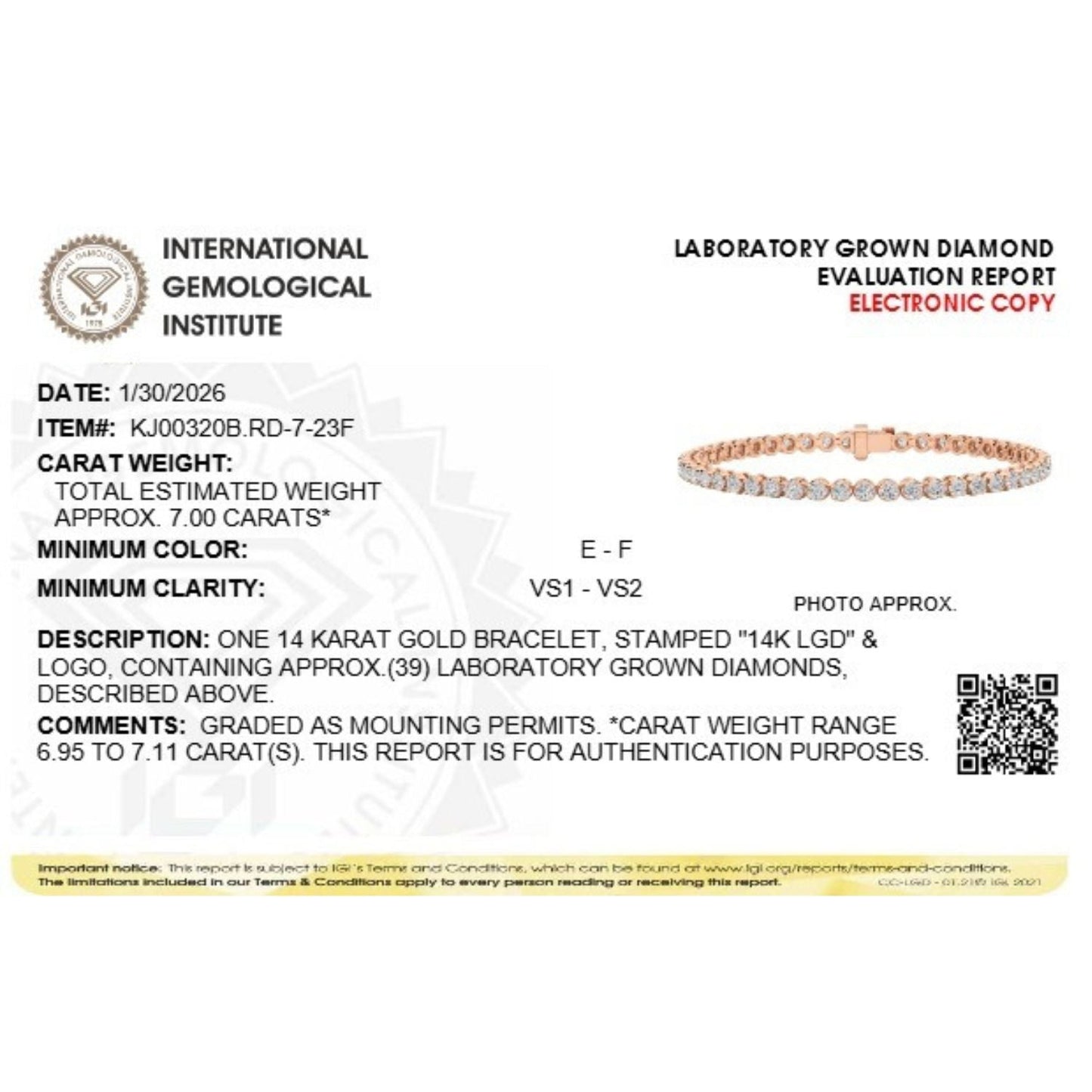 Round Shaped Lab Grown Diamond (F/VS) Tennis Bracelet in 14K Gold