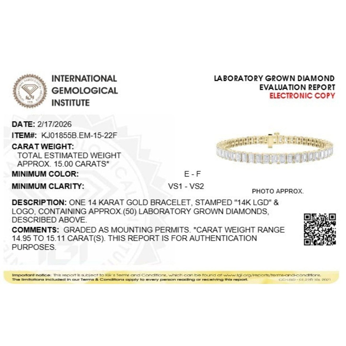 Emerald Shaped Lab Grown Diamond (F/VS) Bracelet in 14K Gold