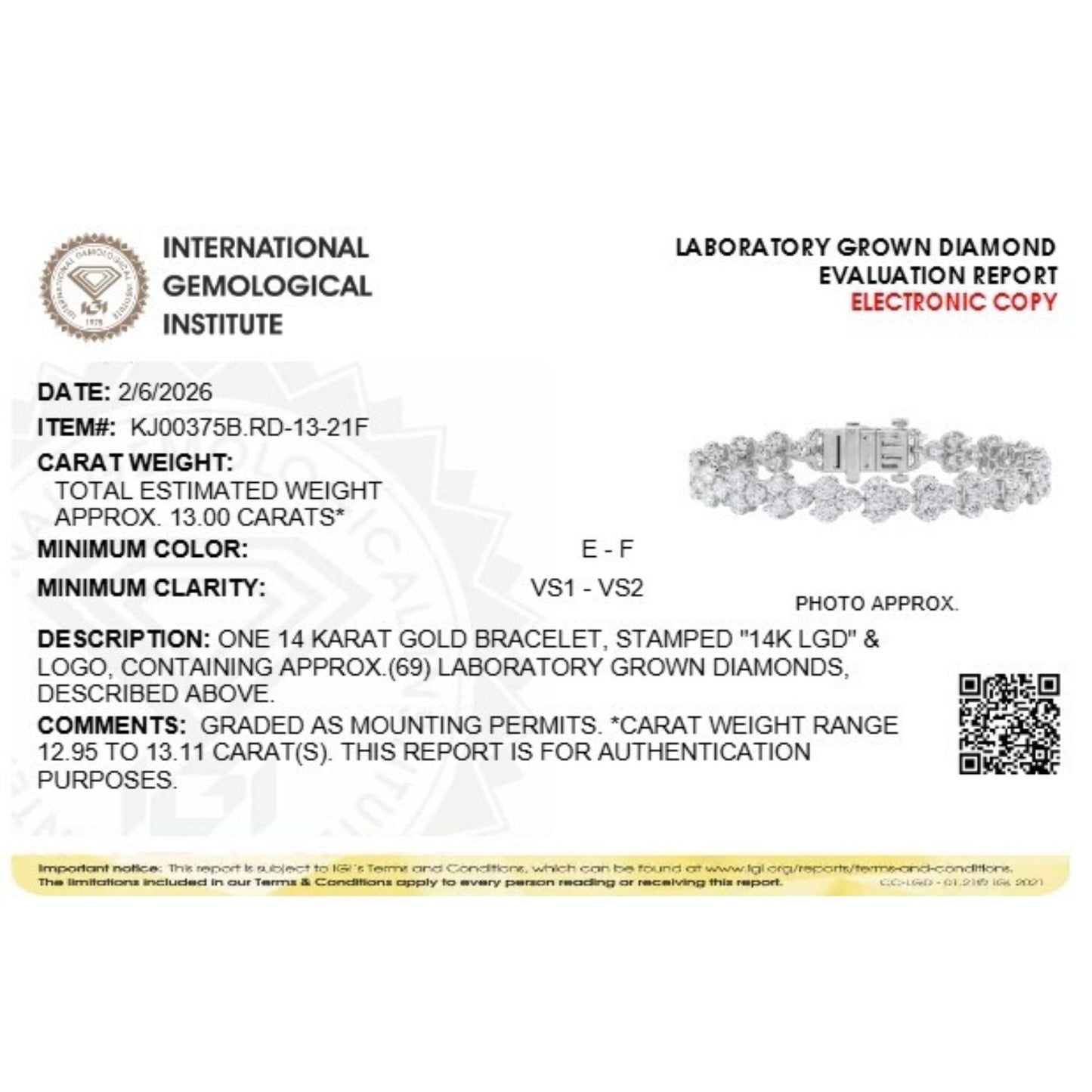 13Cttw Round Shaped Lab Grown Diamond (F/VS) Cluster Bracelet in 14K Gold