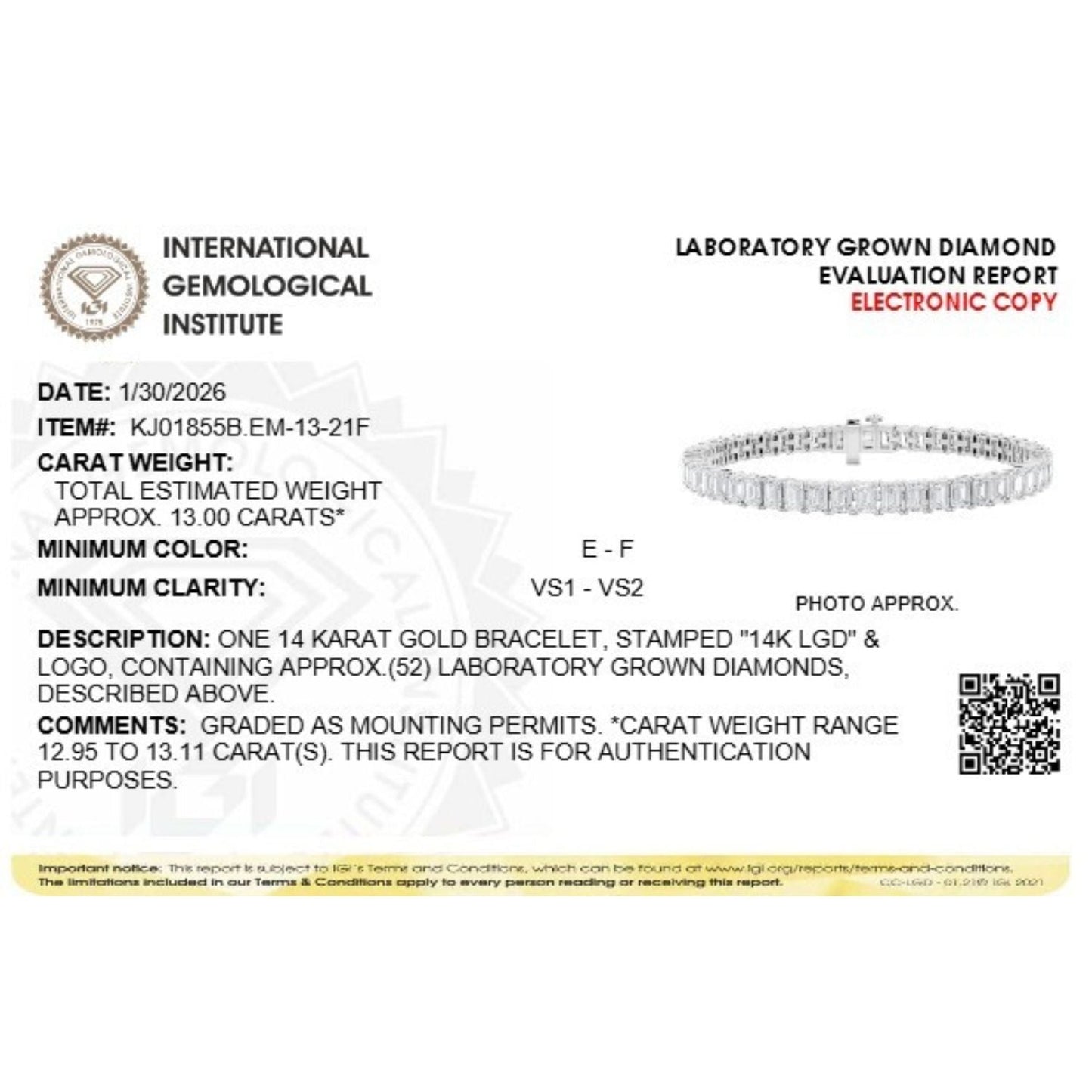 Emerald Shaped Lab Diamond (F/VS) Bracelet in 14K Gold