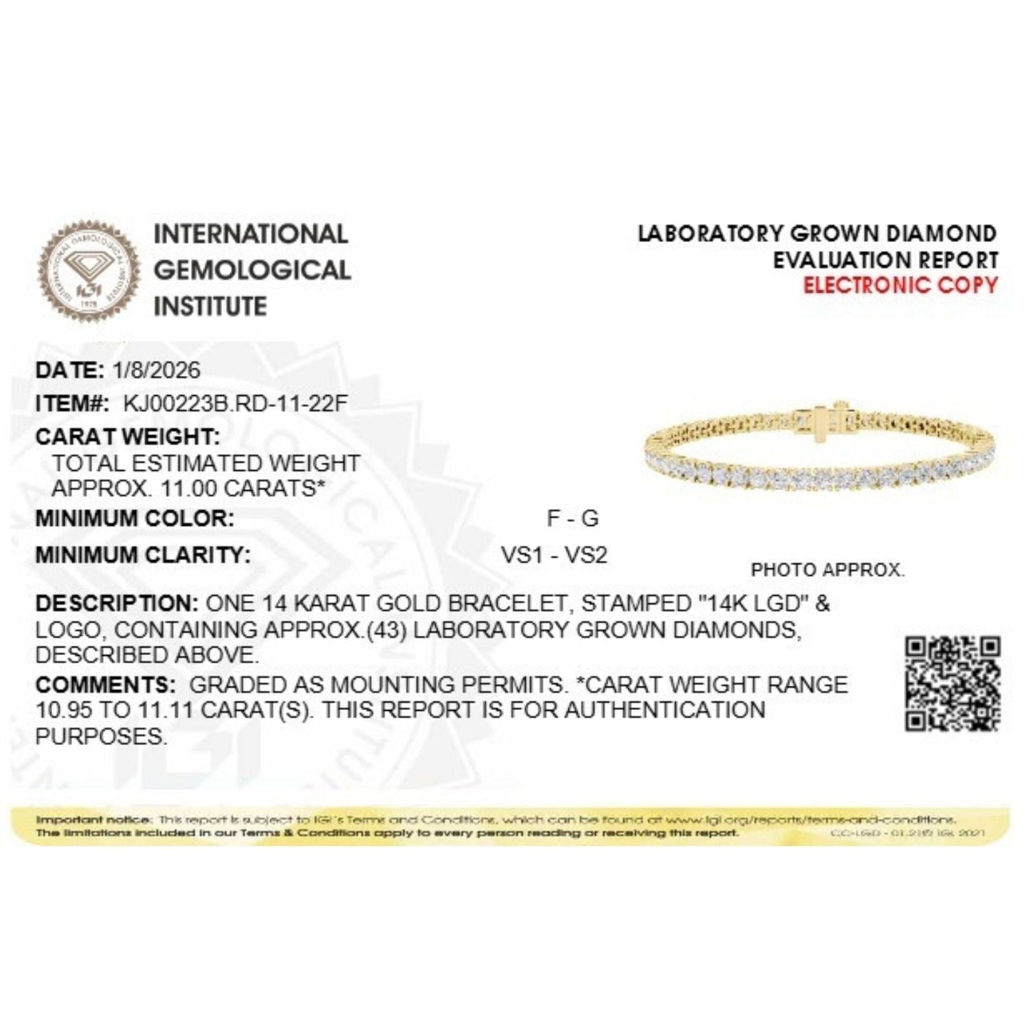Round Shaped Lab Grown Diamond (F/VS) Classic Tennis Bracelet in 14K Gold