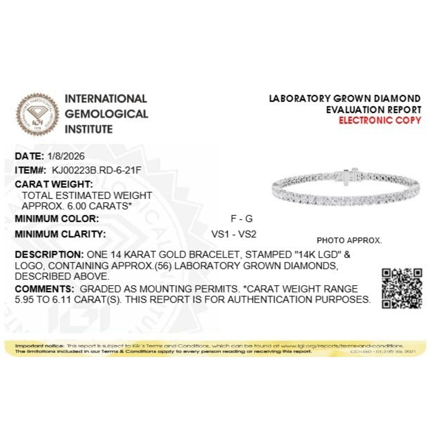 Round Shaped Lab Grown Diamond (F/VS) Classic Tennis Bracelet in 14K White Gold