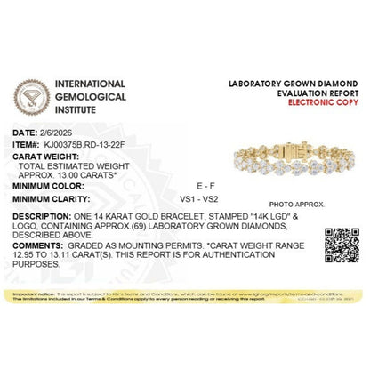 13Cttw Round Shaped Lab Grown Diamond (F/VS) Cluster Bracelet in 14K Gold