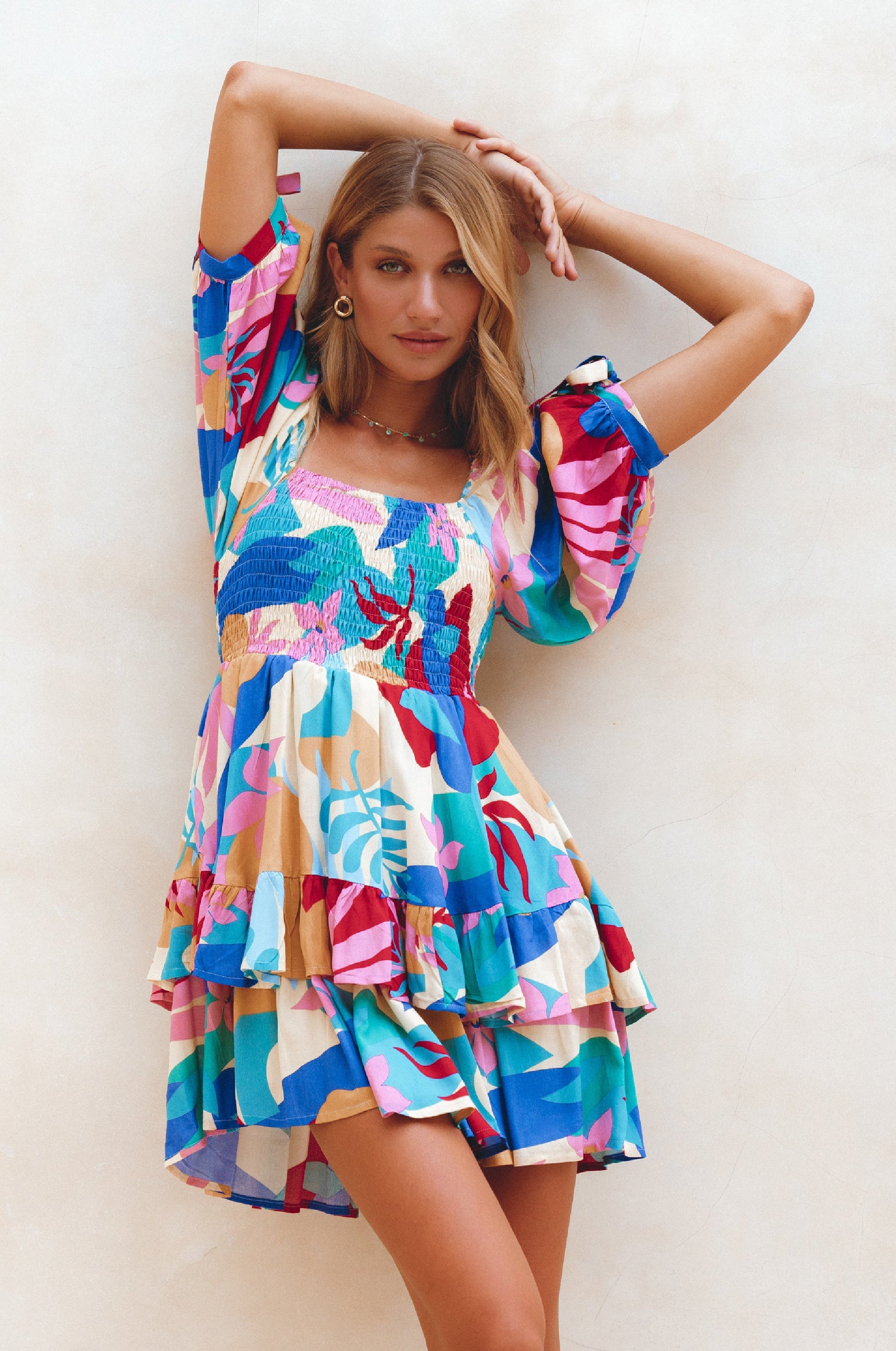 bali mini dress Bali Beauty Floral Chiffon Plunge-Front Mini Dress Soft Pink & Apricot / S