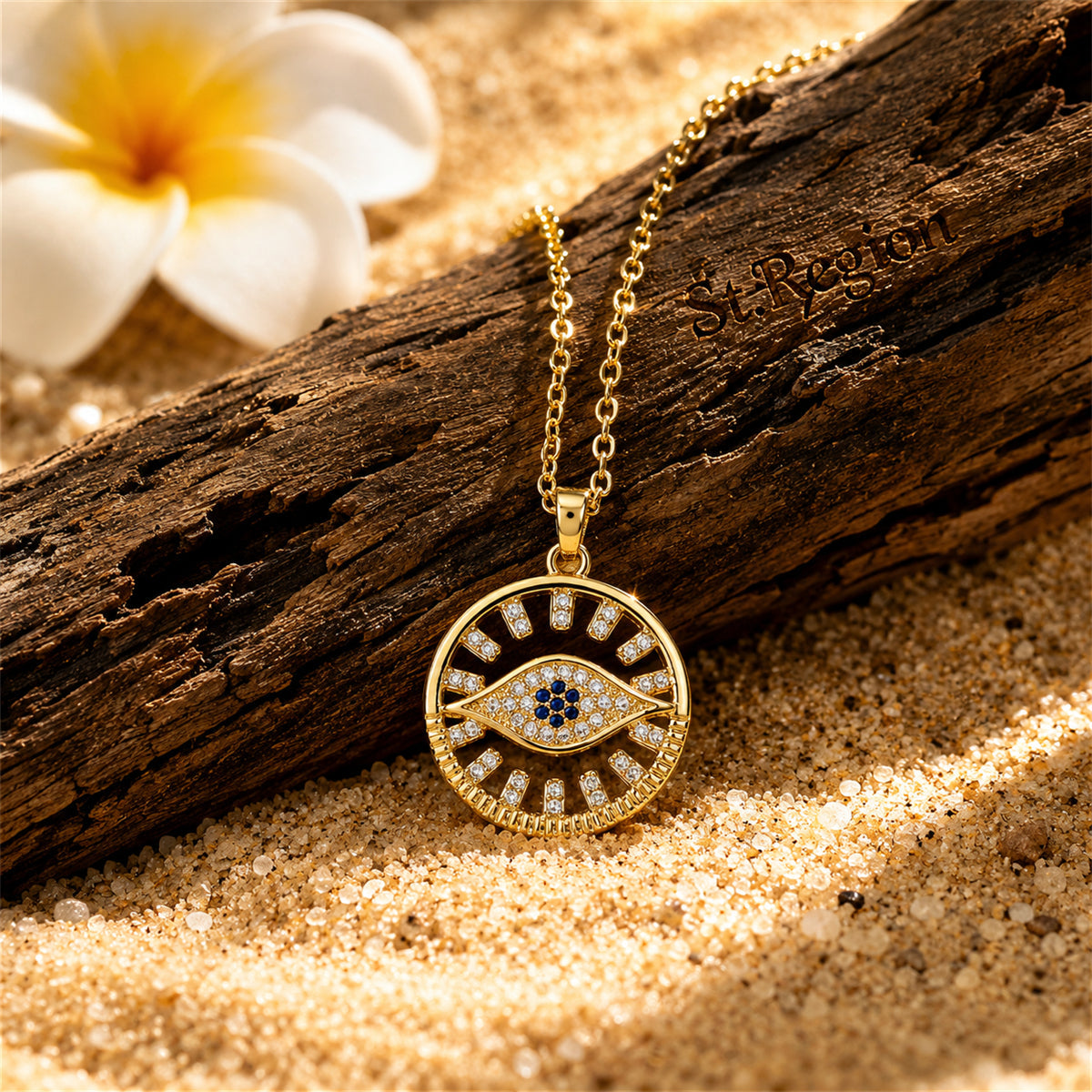 Cubic Zirconia & Goldtone Eye Round Pendant Necklace