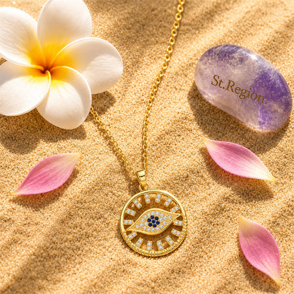 Cubic Zirconia & Goldtone Eye Round Pendant Necklace