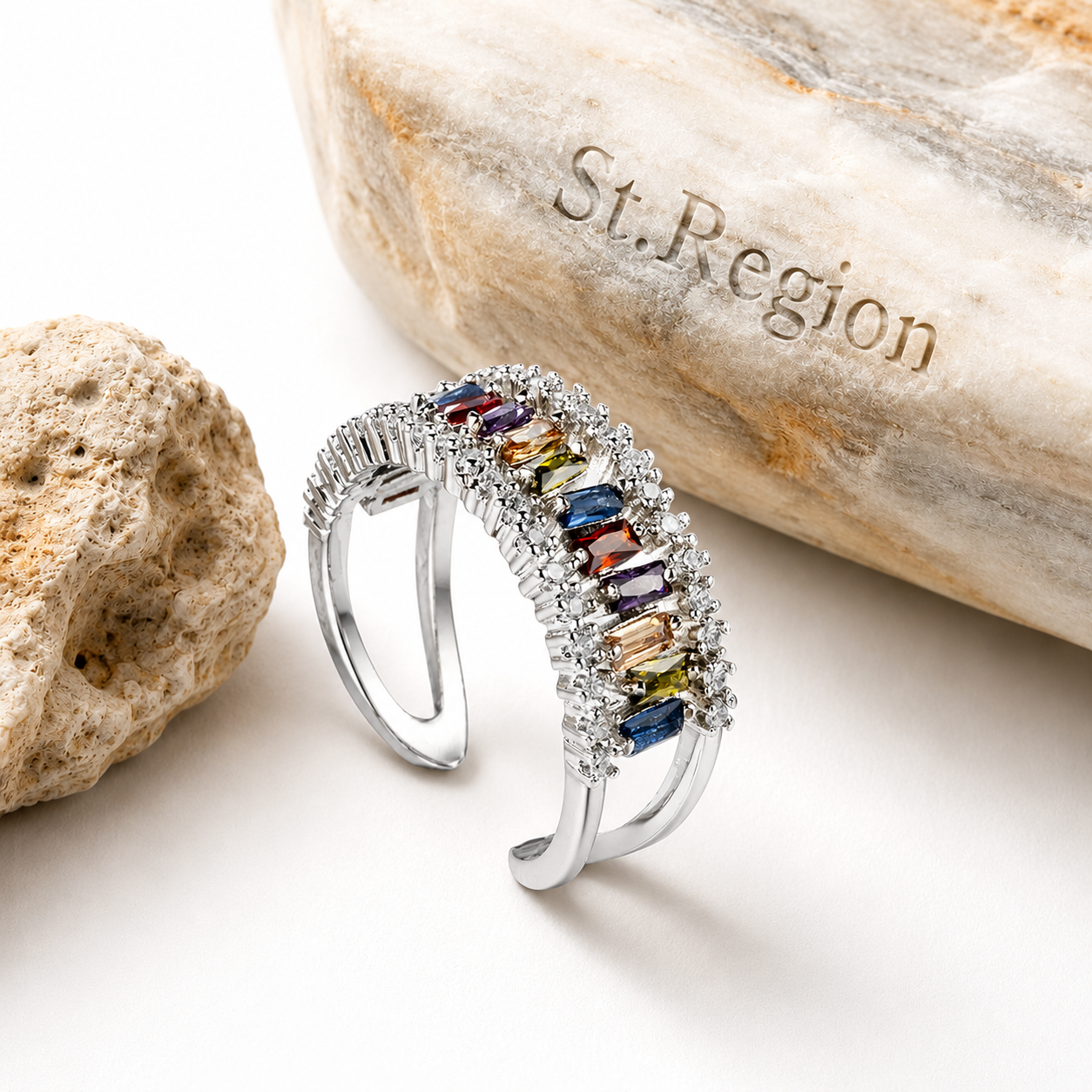 Multicolor Crystal & Cubic Zirconia Silvertone Open Ring