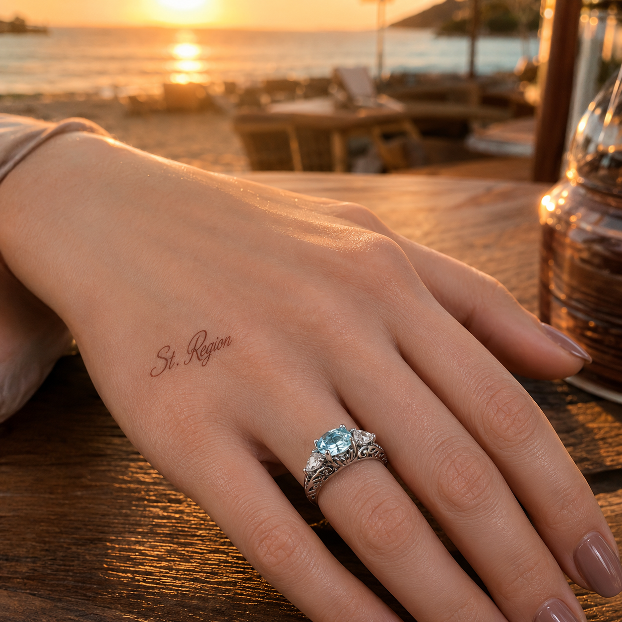 Sea Blue Crystal & Silvertone Round-Cut Ring