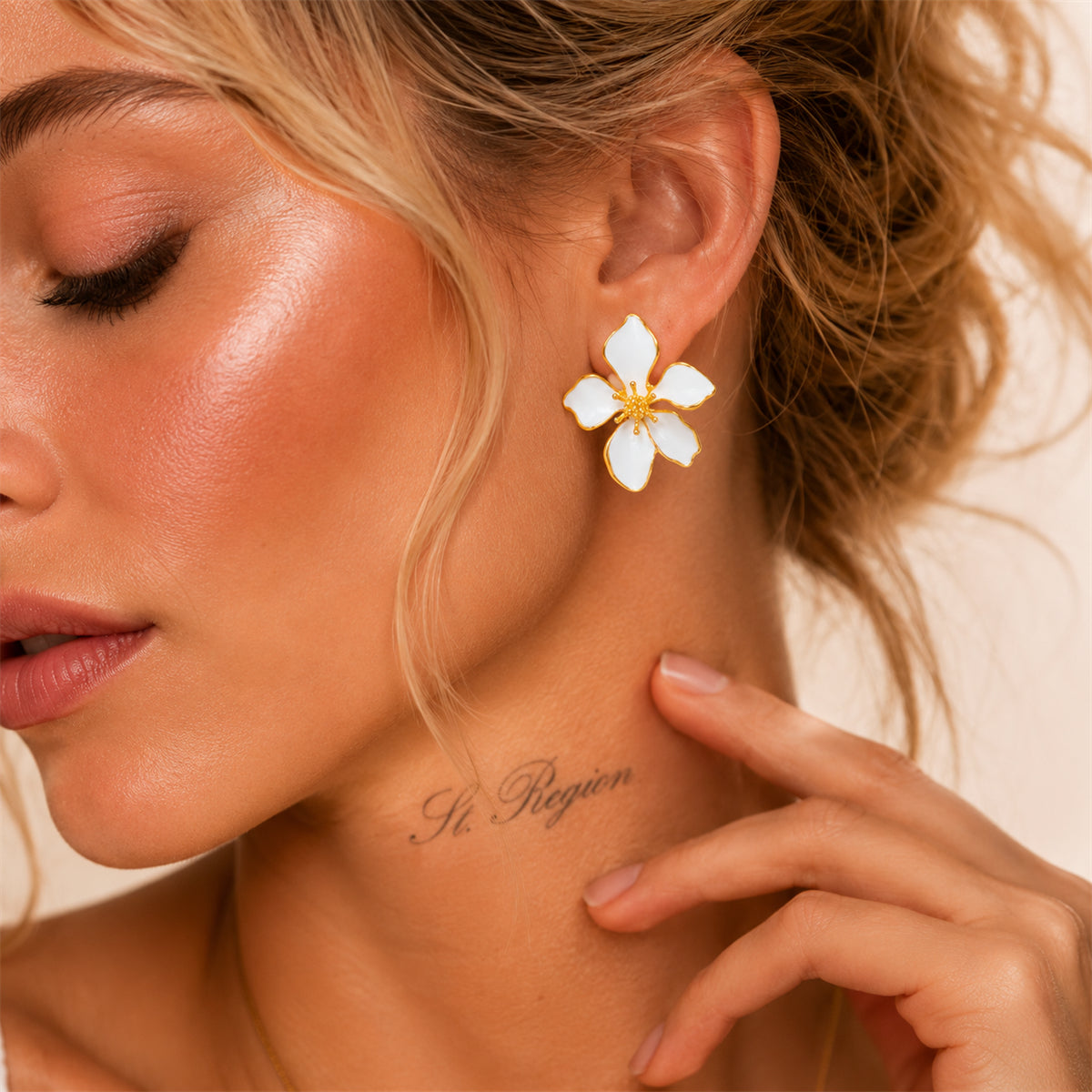 White Enamel & Goldtone Flower Stud Earrings