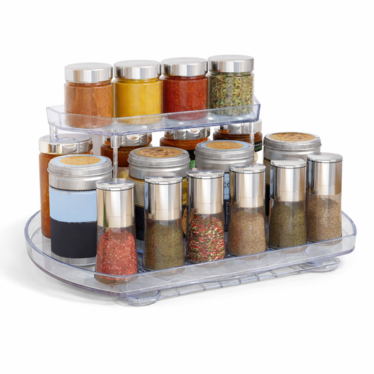 Fresh Fab Finds 2 Tier Turntable Organizer Rectangular Refrigerator Spinner Storage Rack with 360° Rotatable Slide Rail for Kitchen Cabinet Countertop