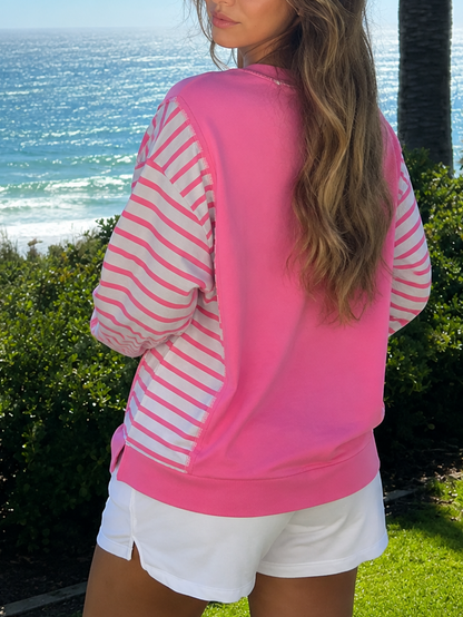 Rose Stripe Color Block Patchwork Relaxed Split Long Sleeve Top