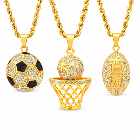 Iced Sports Pendant Necklace Set – Soccer, Football & Hoop (3-Piece)