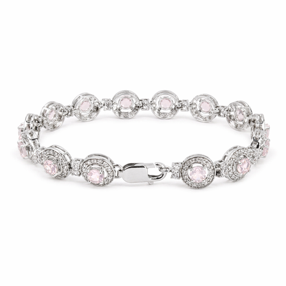 4.3 Ct Round Pink Rose Quartz Prong Silver Halo Tennis Link Bracelet