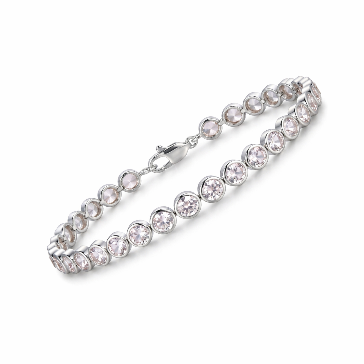 8.12 Ct Round Pink Rose Quartz Bezel Sterling Silver Inline Lobster Clasp Tennis Bracelet