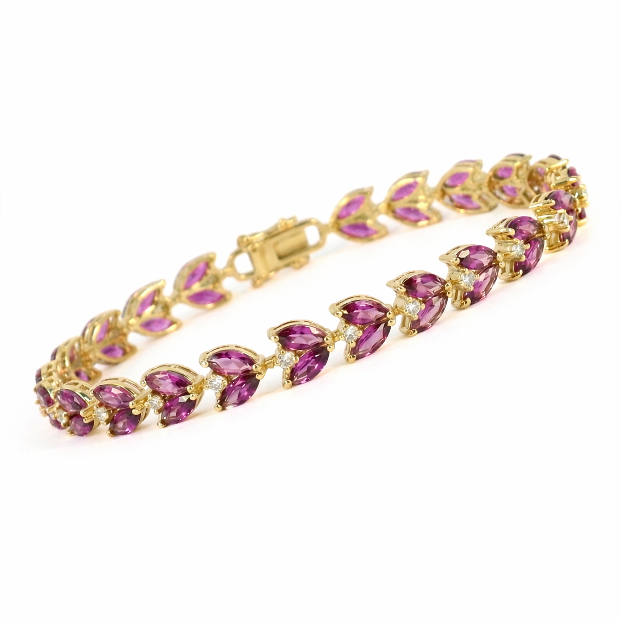 15.4 Ct Marquise Purple Rhodolite Garnet & Multi-Gemstone Prong Gold Plated Silver Leaf Cluster Tennis Bracelet