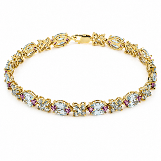 12.49 Ct Sky Blue Topaz Prong Gold Plated Silver Alternating Butterfly & Multi-Gemstone Cluster Tennis Bracelet