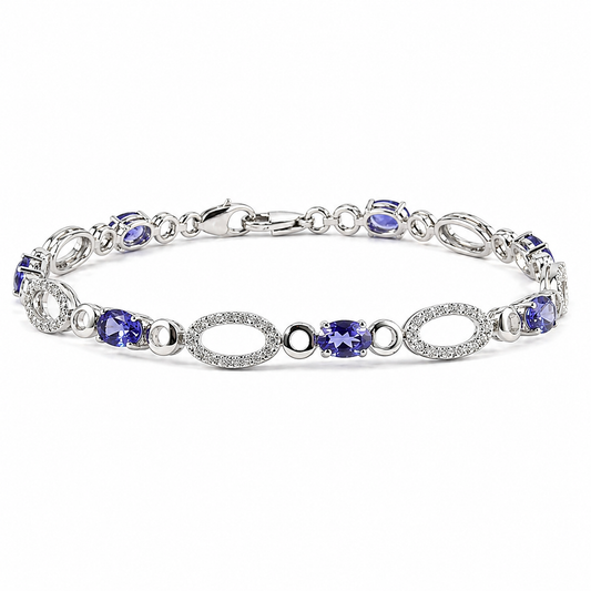2.59 Ct Oval Blue Iolite Prong Silver Alternating Open Geometric Links with Lobster Clasp Link Bracelet
