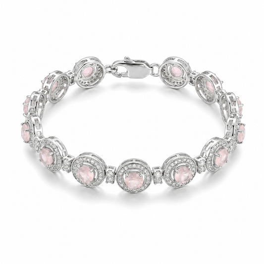 4.3 Ct Round Pink Rose Quartz Prong Silver Halo Tennis Link Bracelet