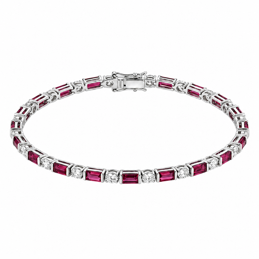 3.4 Ct Baguette Red Rhodolite Prong Silver Tennis Link Bracelet