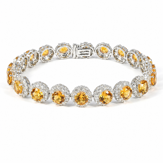 15.1 Ct Round Yellow Citrine Prong Silver Halo Tennis Bracelet