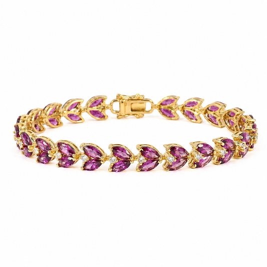 15.4 Ct Marquise Purple Rhodolite Garnet & Multi-Gemstone Prong Gold Plated Silver Leaf Cluster Tennis Bracelet