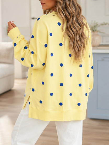 Yellow Polka Dot Loose Long Sleeve Split Hem Pullover Top