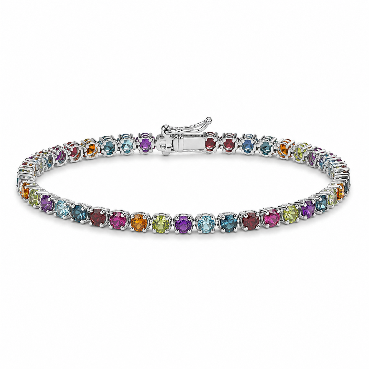 3.79 Ct Round Multicolor Multi-Gemstone Prong Sterling Silver Tennis Bracelet