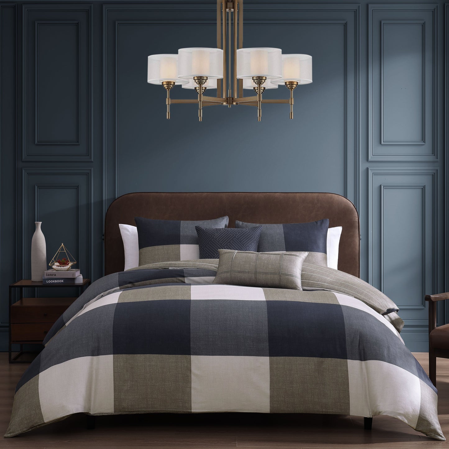 Bebejan Checkered Navy Tan 5 Piece Reversible Comforter Set