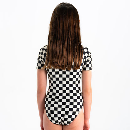 Short Sleeve Rash Guard One Piece Swimsuit (Girls)
