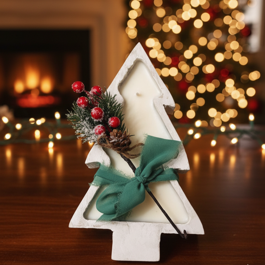 Christmas Tree Candle in Wood Bowl | Large Sculptural Soy Wax Holiday Centerpiece
