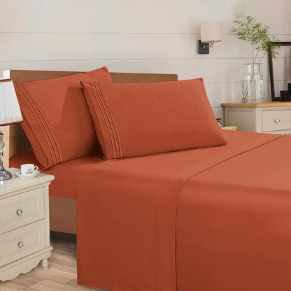 Elegant Comfort Essential 4-Piece 3-Line Embroidery Sheet Set, Soft as a Hotel Premium Quality,  Moody Shades