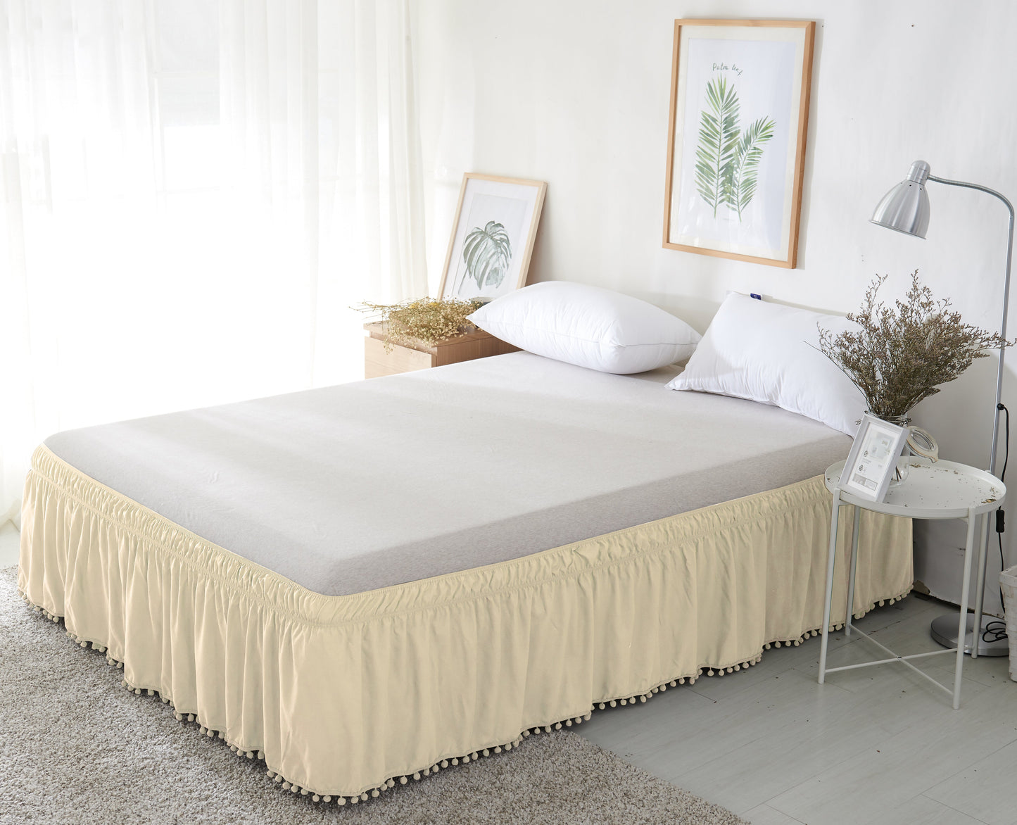 Mocassi Pom Pom 16 Inch Wrap Around Elastic Style 1-Piece Bed Skirt