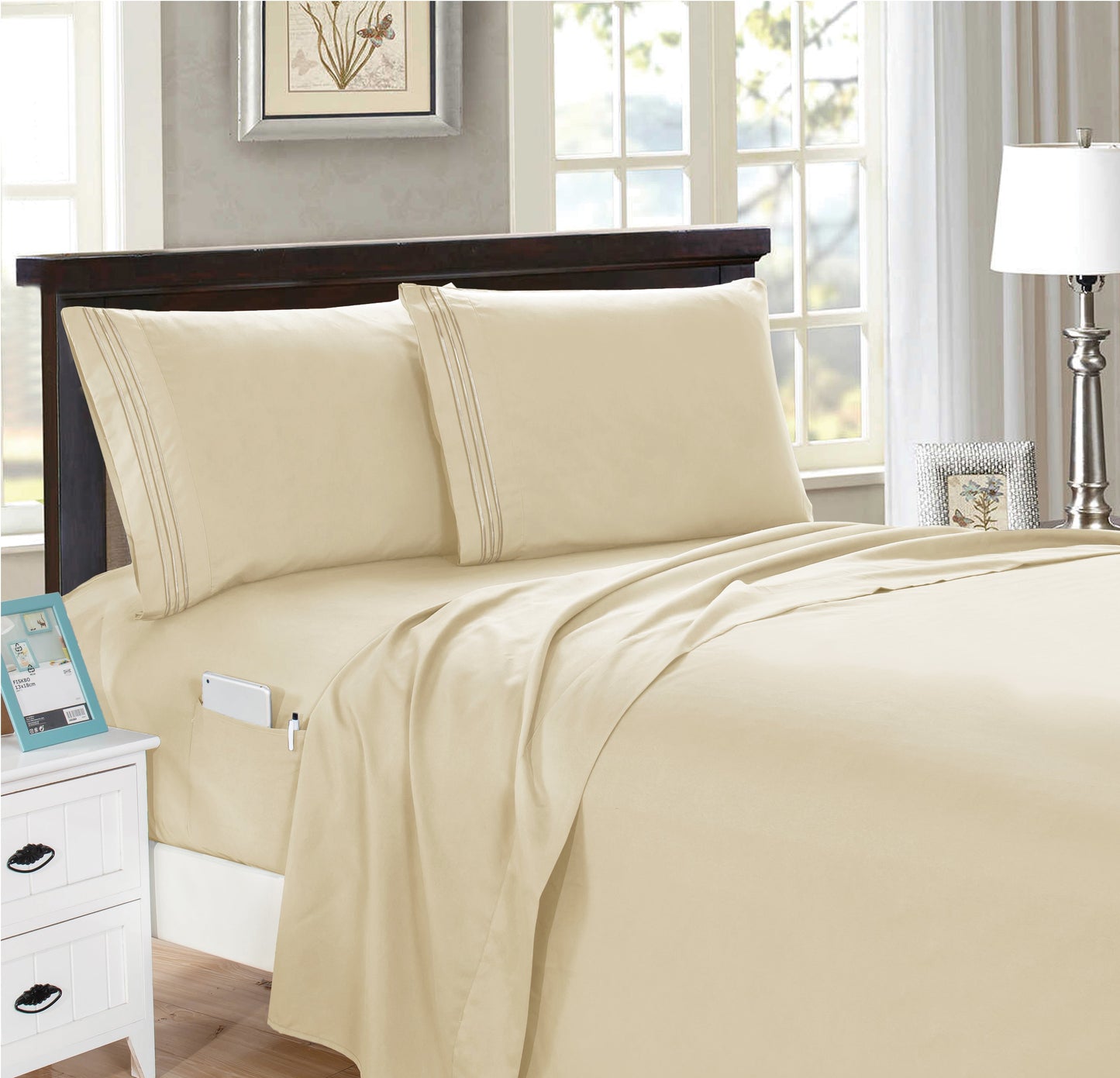 Mocassi 4-Piece Smart Pocket Sheet Set - Features Double Sided Storage Pockets on Fitted Sheet